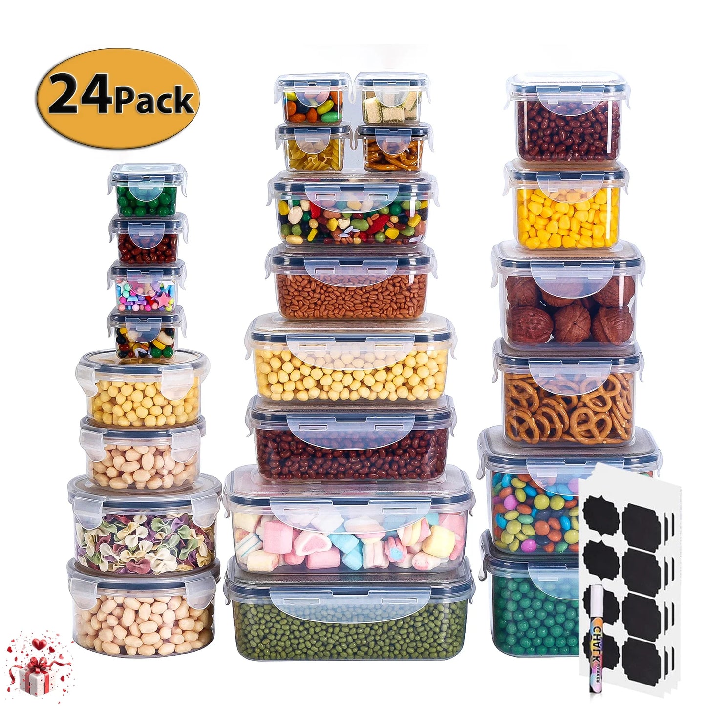 24 Pack Airtight Food Storage Containers Set with Lids, Plastic Leak-Proof Canisters for Cereal Flour Sugar,Bpa Free Leak Proof Plastic Lunch Boxes(Labels & Marker)