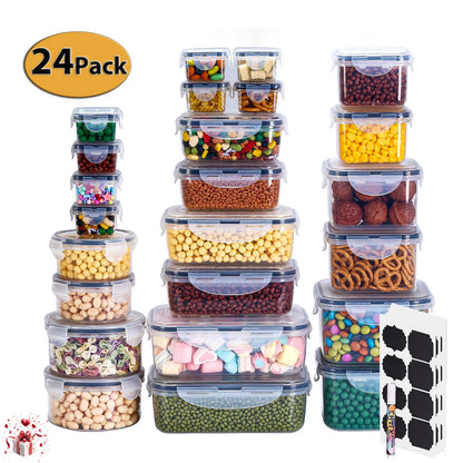 24 Pack Airtight Food Storage Containers Set with Lids, Plastic Leak-Proof Canisters for Cereal Flour Sugar,Bpa Free Leak Proof Plastic Lunch Boxes(Labels & Marker)