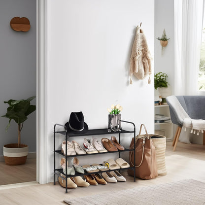 3 Tier Free Standing Shoe Rack, Metal Shoe Storage Shelf for 9-12 Pairs, Easy to Assemble, Entryway, Bedroom, Black