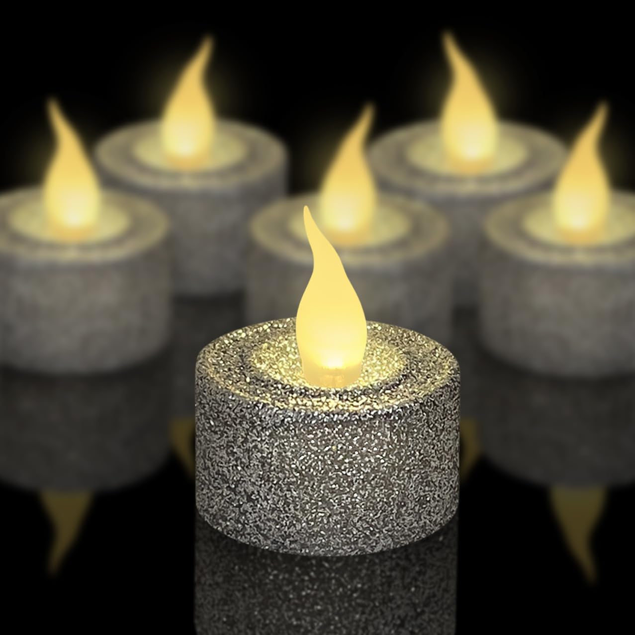 Silver Glitter LED Tealight Candles Pack of 12, Flameless Flickering Tealight Candles for Home Décor, 1.5’’(W) X 1.65’’(H), Battery Operated
