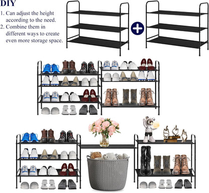 3 Tier Free Standing Shoe Rack, Metal Shoe Storage Shelf for 9-12 Pairs, Easy to Assemble, Entryway, Bedroom, Black