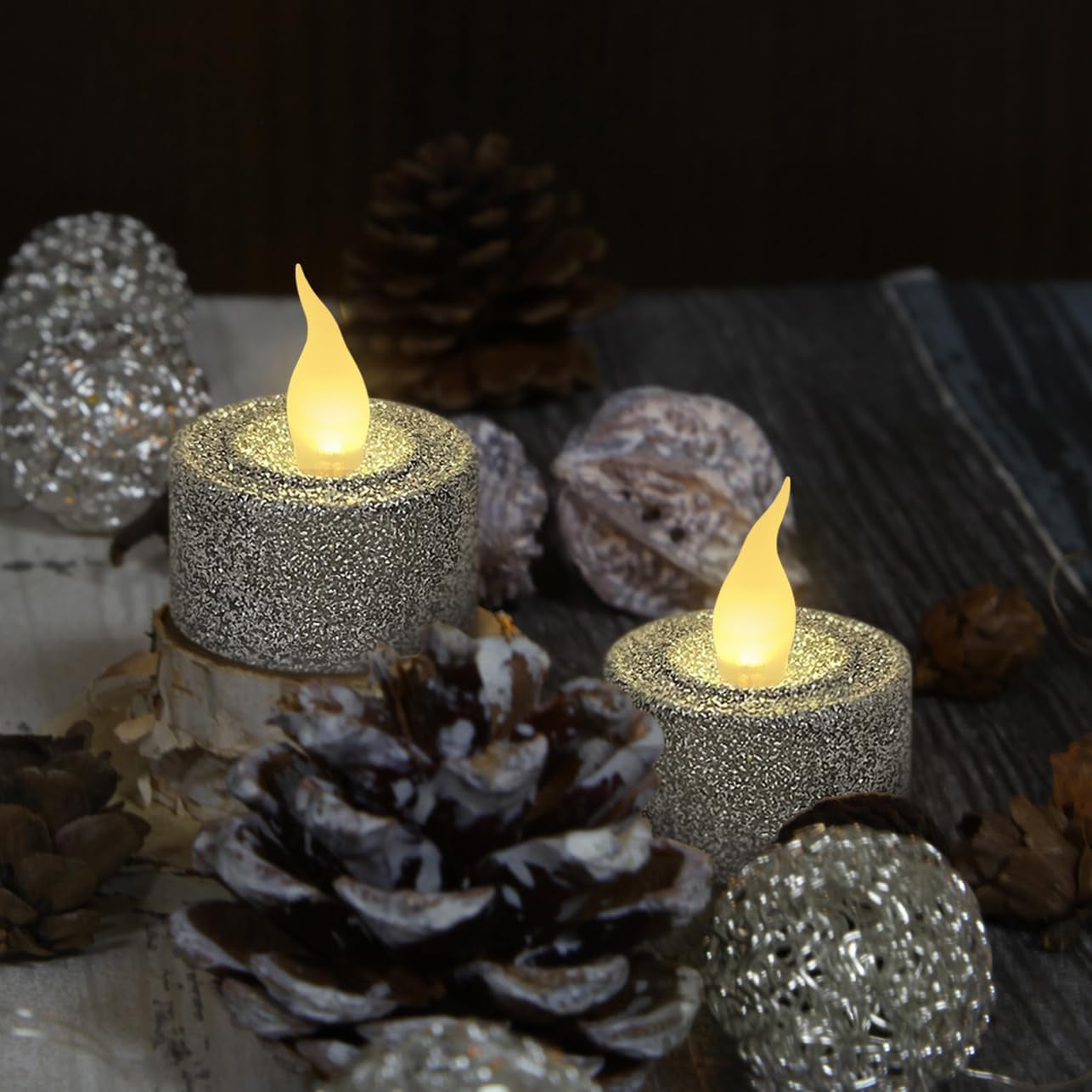 Silver Glitter LED Tealight Candles Pack of 12, Flameless Flickering Tealight Candles for Home Décor, 1.5’’(W) X 1.65’’(H), Battery Operated