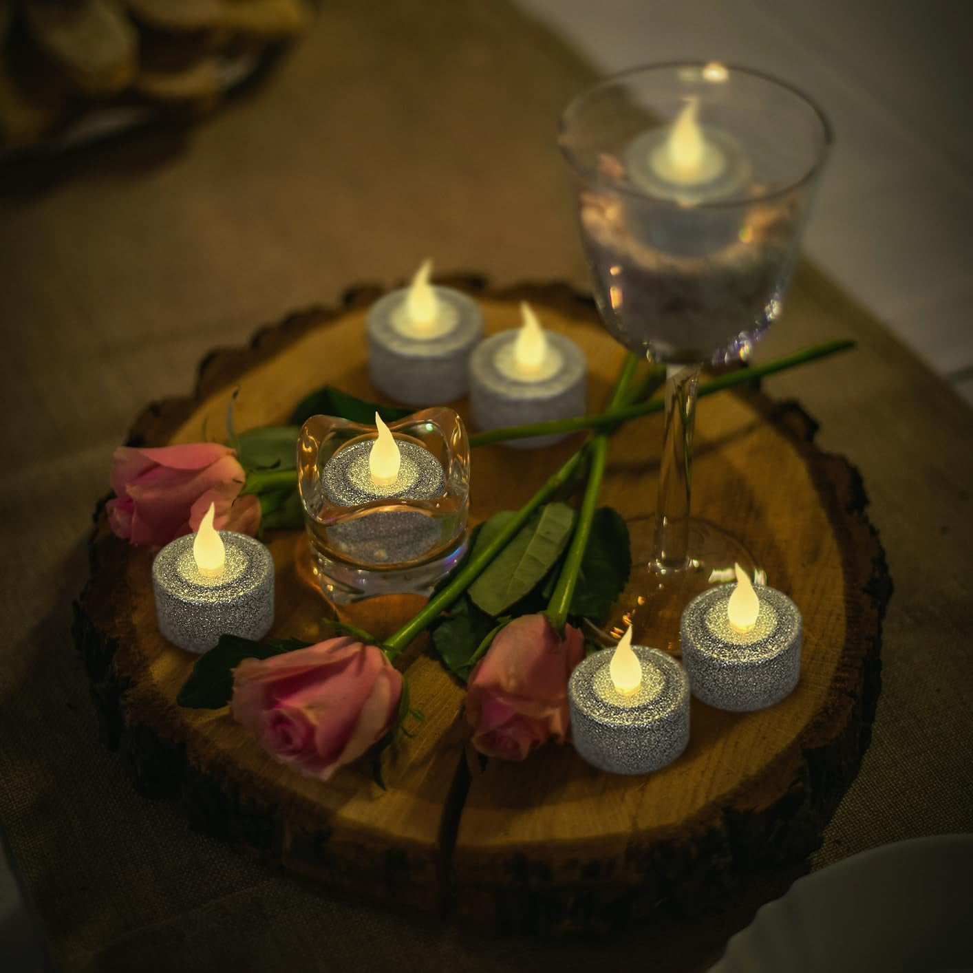 Silver Glitter LED Tealight Candles Pack of 12, Flameless Flickering Tealight Candles for Home Décor, 1.5’’(W) X 1.65’’(H), Battery Operated