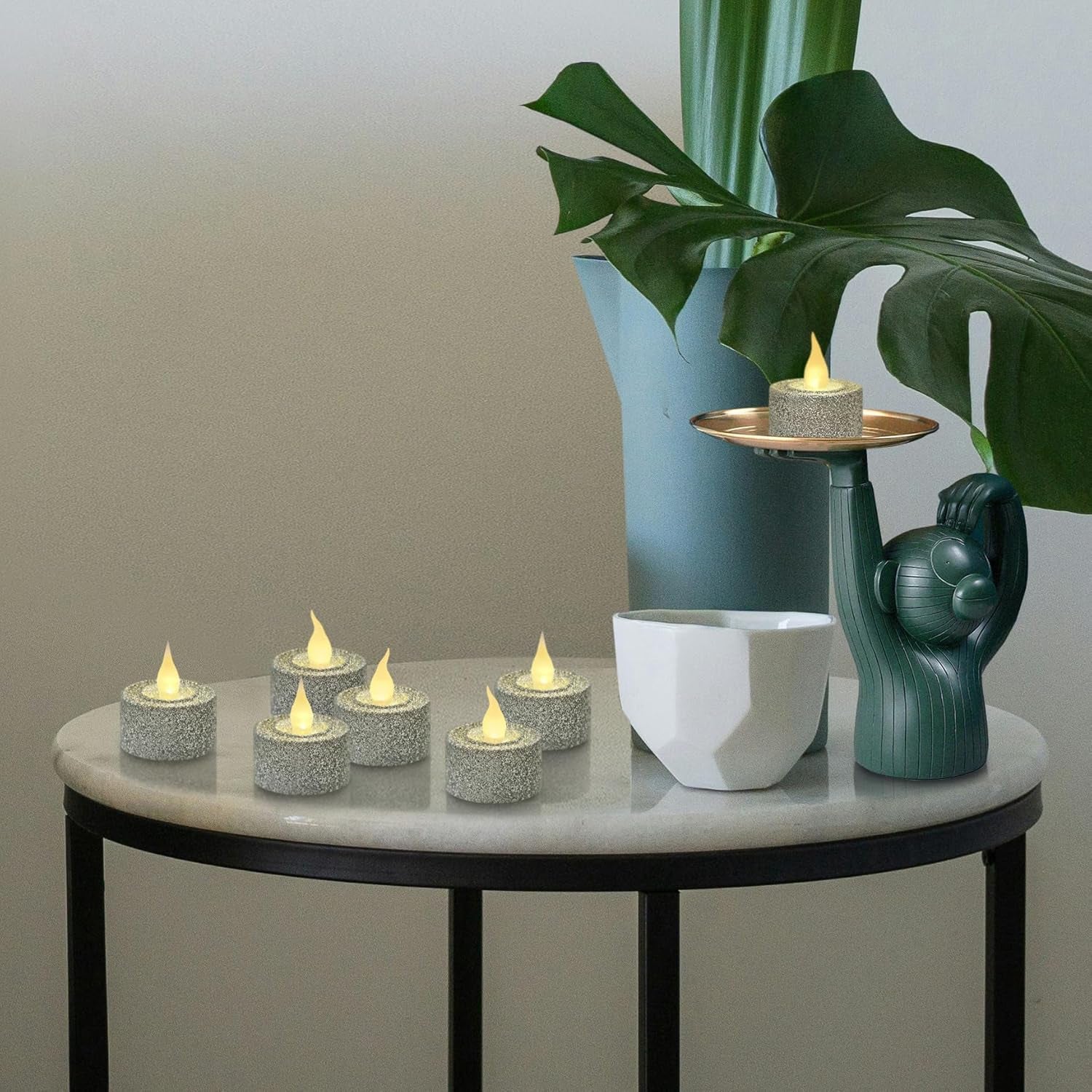 Silver Glitter LED Tealight Candles Pack of 12, Flameless Flickering Tealight Candles for Home Décor, 1.5’’(W) X 1.65’’(H), Battery Operated