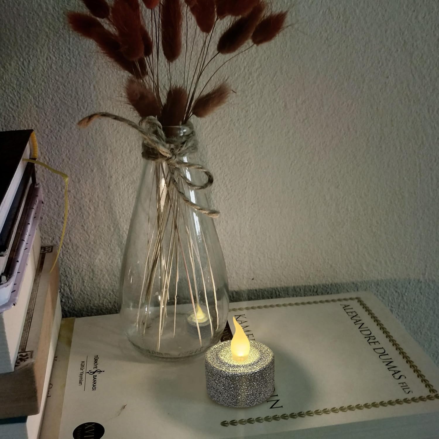 Silver Glitter LED Tealight Candles Pack of 12, Flameless Flickering Tealight Candles for Home Décor, 1.5’’(W) X 1.65’’(H), Battery Operated