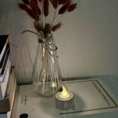 Silver Glitter LED Tealight Candles Pack of 12, Flameless Flickering Tealight Candles for Home Décor, 1.5’’(W) X 1.65’’(H), Battery Operated