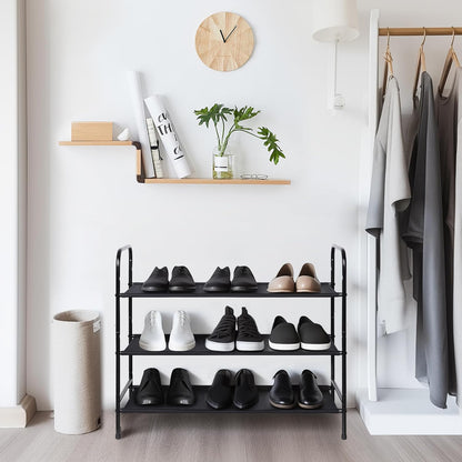 3 Tier Free Standing Shoe Rack, Metal Shoe Storage Shelf for 9-12 Pairs, Easy to Assemble, Entryway, Bedroom, Black