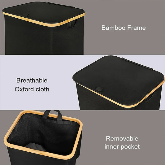 Large Laundry Hamper with Lid, 100L Laundry Basket with Bamboo Handles for Clothes and Toys, Freestanding Collapsible Laundry Basket with Inner Bag for Bedroom and Bathroom-Black