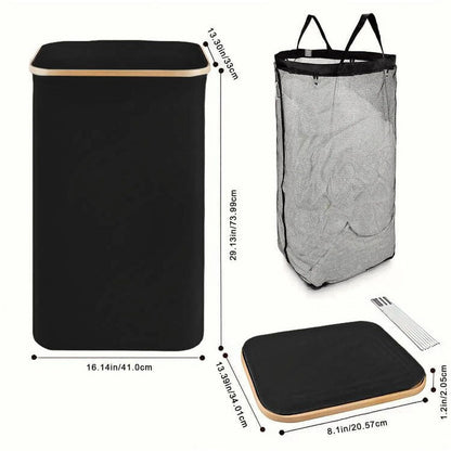 Large Laundry Hamper with Lid, 100L Laundry Basket with Bamboo Handles for Clothes and Toys, Freestanding Collapsible Laundry Basket with Inner Bag for Bedroom and Bathroom-Black