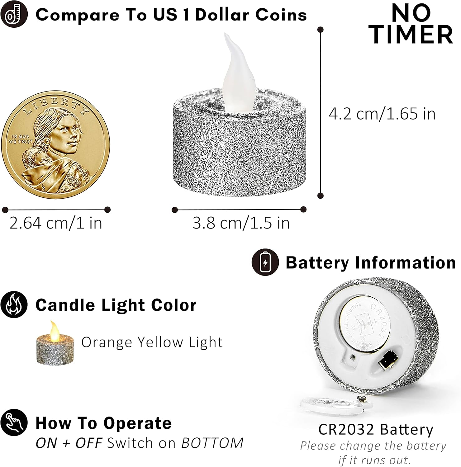 Silver Glitter LED Tealight Candles Pack of 12, Flameless Flickering Tealight Candles for Home Décor, 1.5’’(W) X 1.65’’(H), Battery Operated