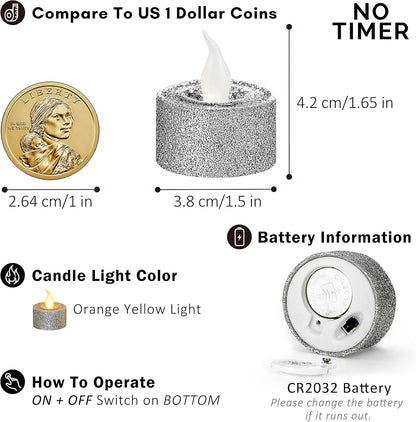 Silver Glitter LED Tealight Candles Pack of 12, Flameless Flickering Tealight Candles for Home Décor, 1.5’’(W) X 1.65’’(H), Battery Operated