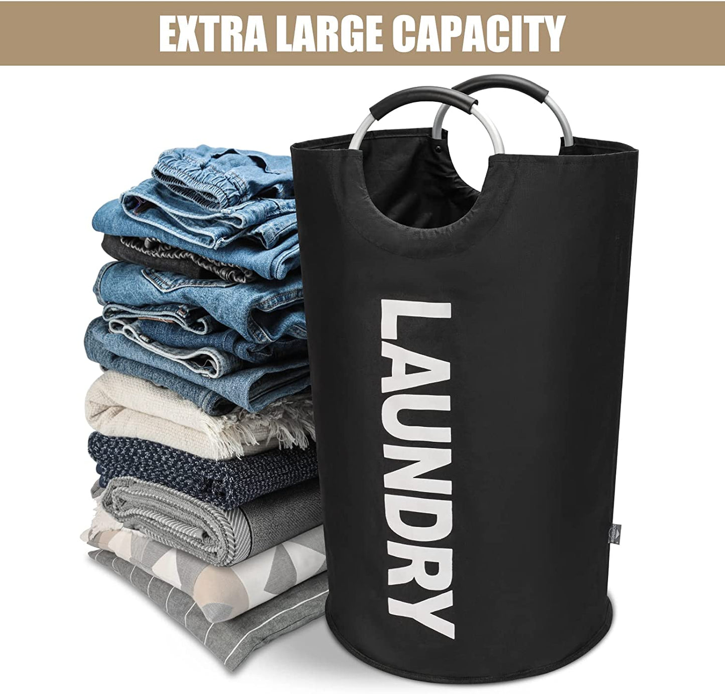 90L Large Laundry Basket, Collapsible Laundry Bag, Freestanding Tall Clothes Hamper, Foldable Washing Bin (Black)