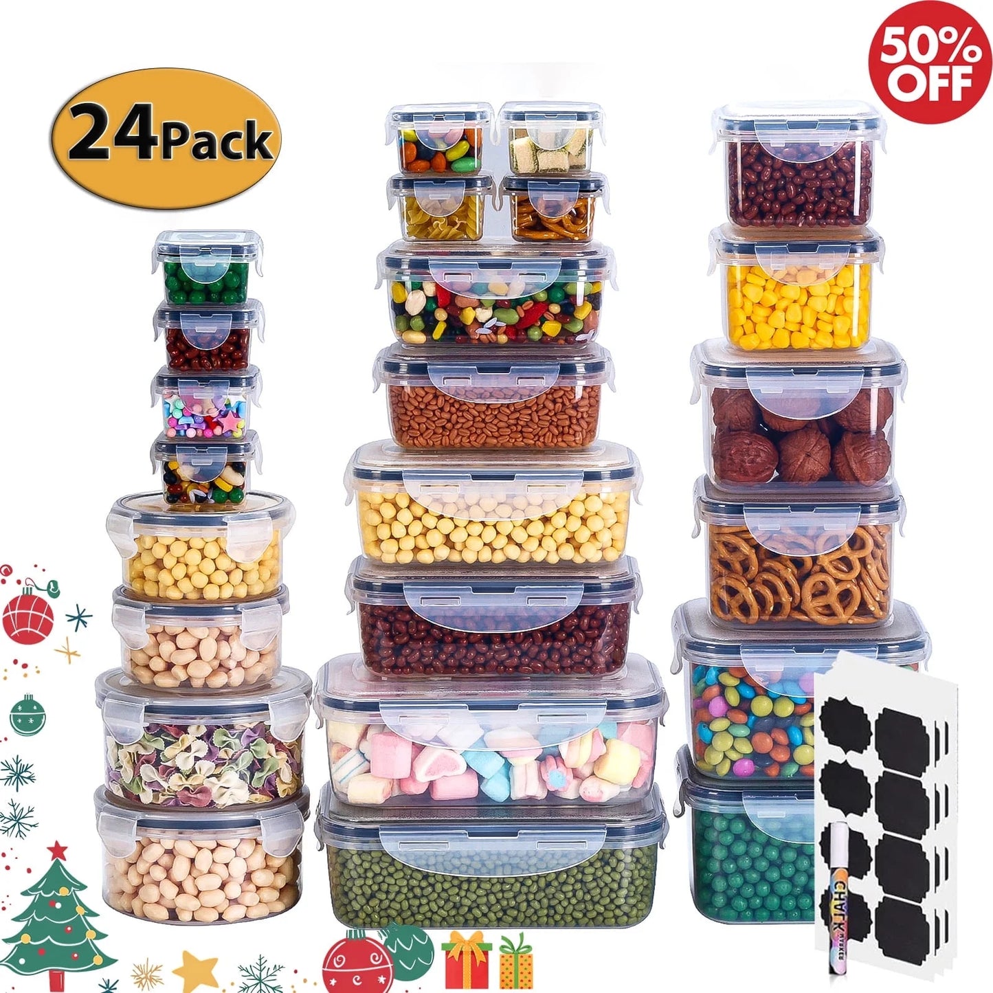 24 Pack Airtight Food Storage Containers Set with Lids, Plastic Leak-Proof Canisters for Cereal Flour Sugar,Bpa Free Leak Proof Plastic Lunch Boxes(Labels & Marker)